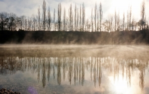 aufsteigender Nebel am Schotterteich